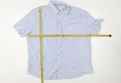 Marks and Spencer Men's Blue Striped 2XL Regular Fit Short Sleeve Cotton Button-Up Shirt