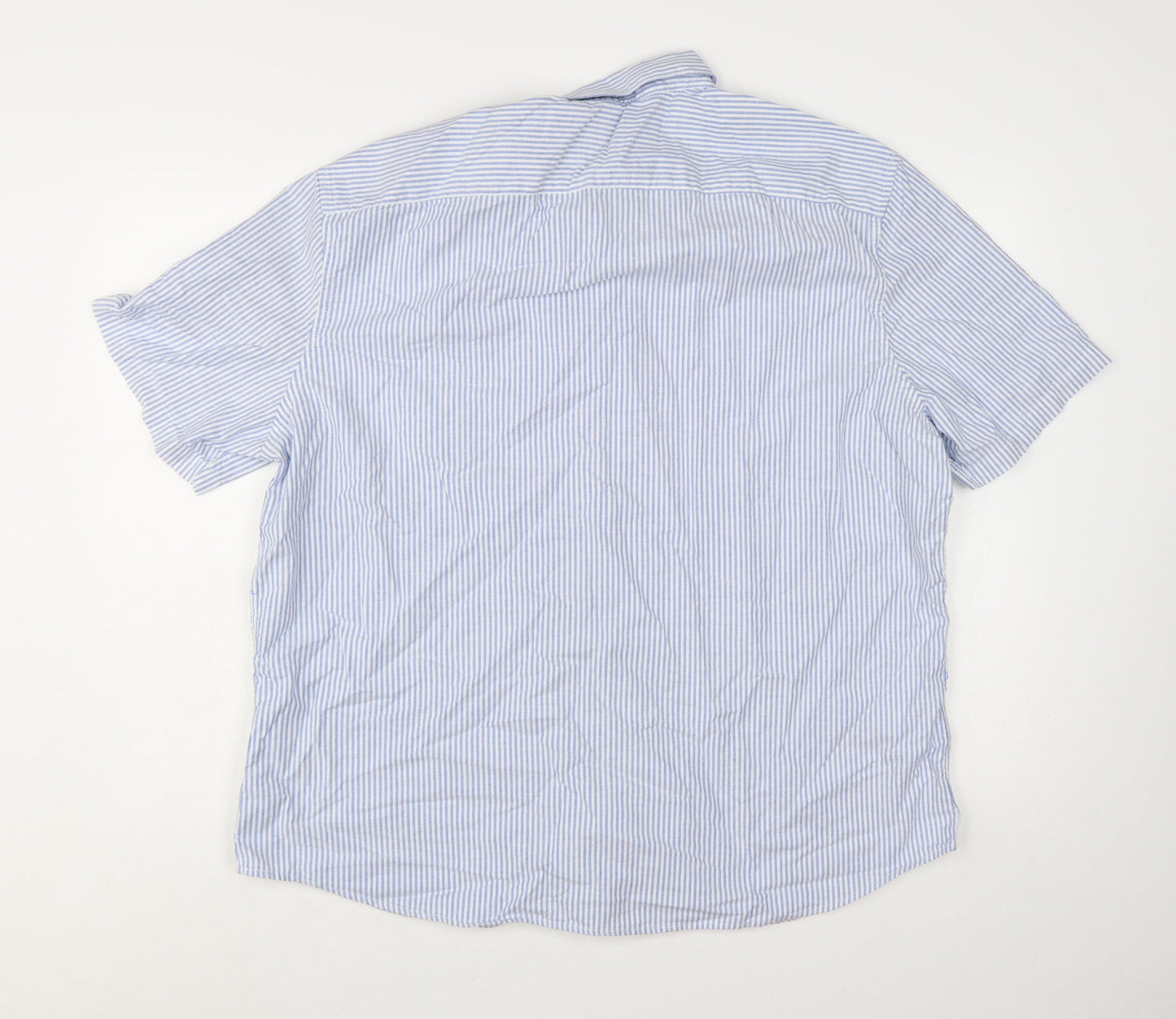 Marks and Spencer Men's Blue Striped 2XL Regular Fit Short Sleeve Cotton Button-Up Shirt