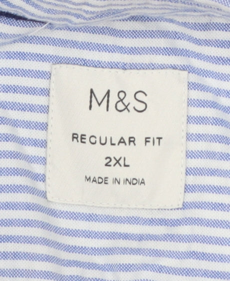 Marks and Spencer Men's Blue Striped 2XL Regular Fit Short Sleeve Cotton Button-Up Shirt