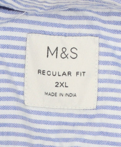 Marks and Spencer Men's Blue Striped 2XL Regular Fit Short Sleeve Cotton Button-Up Shirt