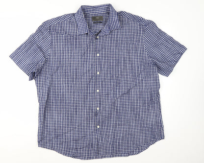 Marks and Spencer Men's Blue Checked Short Sleeve Button-Up Shirt XL