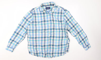 Marks and Spencer Men's Blue Check Linen Long Sleeve Casual Shirt L