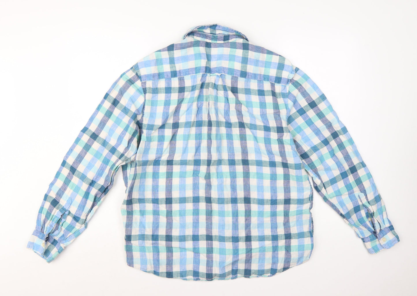 Marks and Spencer Men's Blue Check Linen Long Sleeve Casual Shirt L