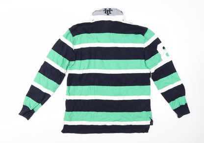 Tommy Hilfiger Men's Green Navy Striped Long Sleeve Polo Shirt L