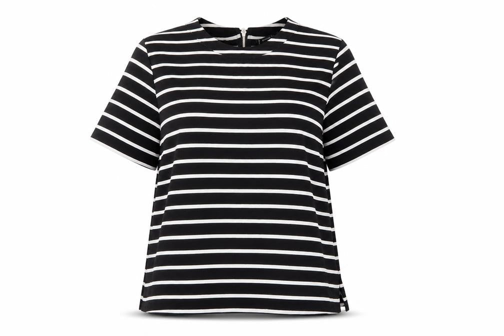 Mango Women Black White Striped Short Sleeve Basic Top Size 14