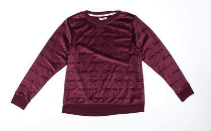 DKNY Womens Burgundy Velour Logo Pullover Sweatshirt Size M