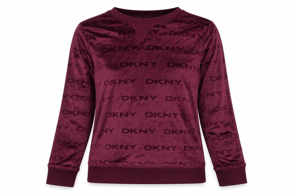 DKNY Womens Burgundy Velour Logo Pullover Sweatshirt Size M