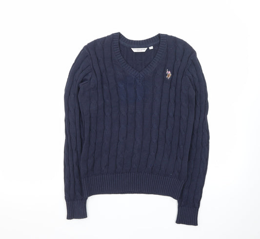 U.S. Polo Assn. Women Blue XS Cable-Knit V-Neck Jumper