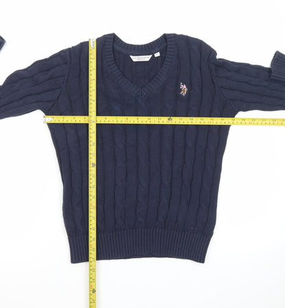 U.S. Polo Assn. Women Blue XS Cable-Knit V-Neck Jumper
