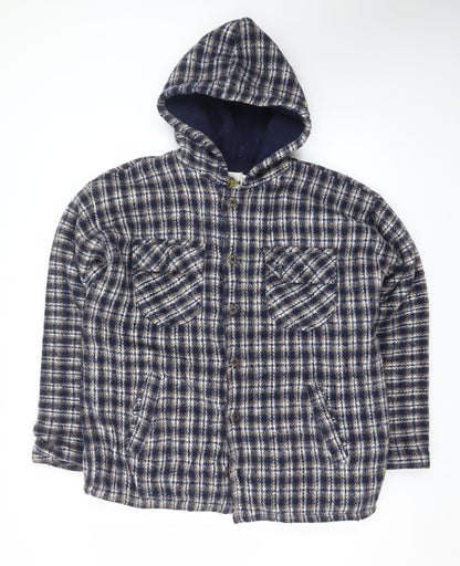Earth Ragz Men's Blue Checked Hooded Fleece Jacket Size M