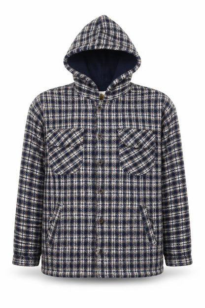Earth Ragz Men's Blue Checked Hooded Fleece Jacket Size M