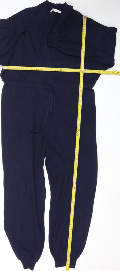 Zara Women Navy Blue Knit Long Sleeve Jumpsuit Size M