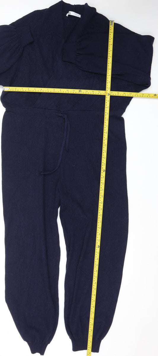 Zara Women Navy Blue Knit Long Sleeve Jumpsuit Size M