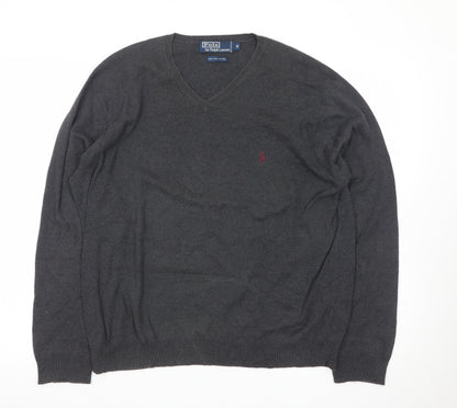 Ralph Lauren Men's Grey Cotton V-Neck Jumper Size M