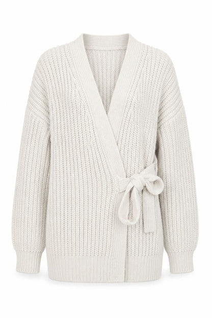 ZARA Women Beige Chunky Knit V-Neck Tie Cardigan Size S