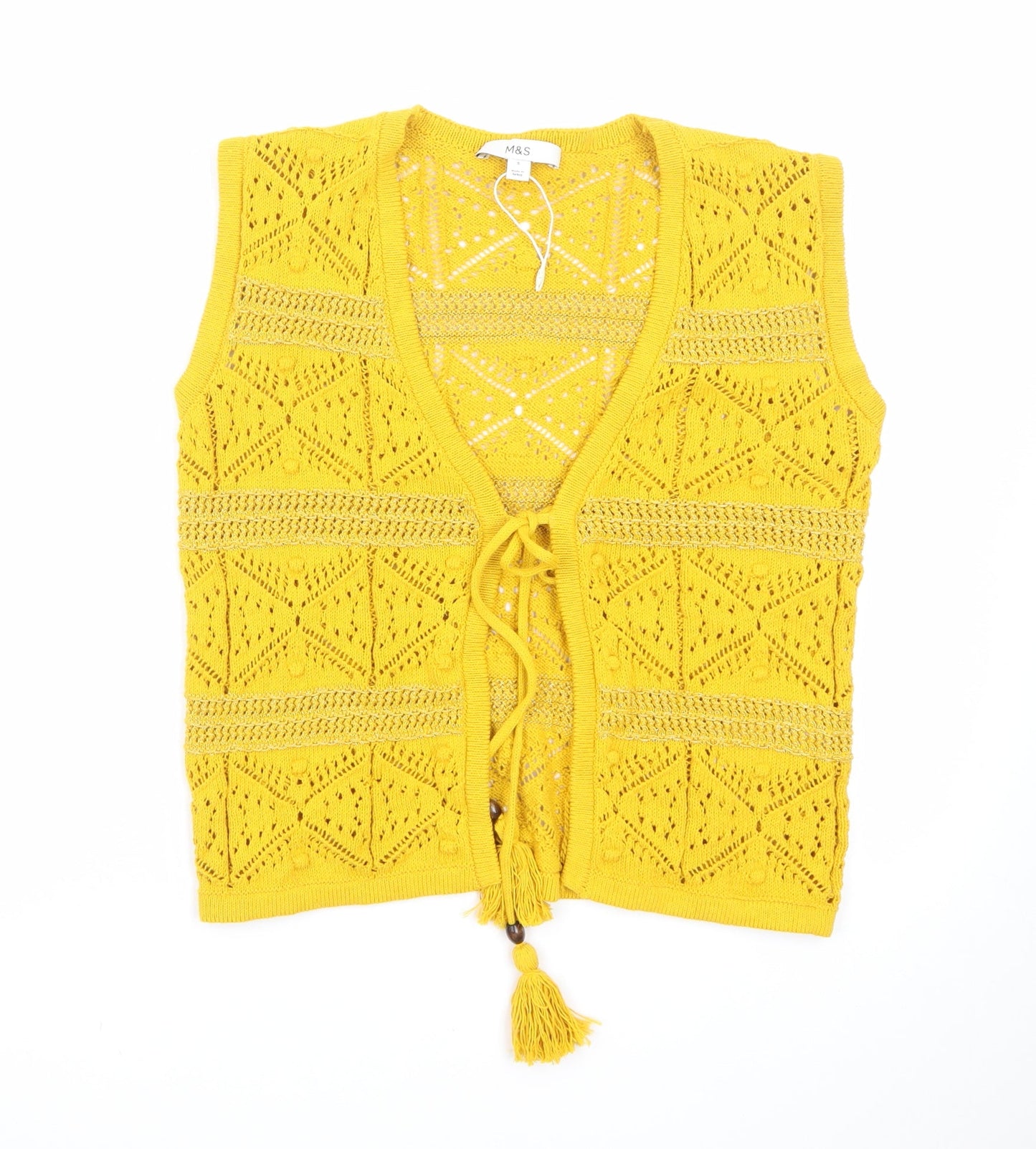 Marks and Spencer Women’s Yellow Knit Open Vest S Boho Tassel Sleeveless