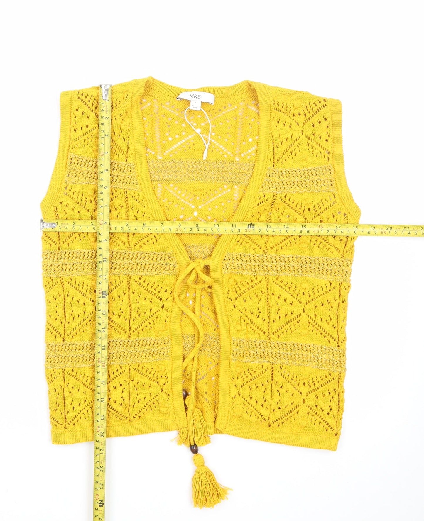 Marks and Spencer Women’s Yellow Knit Open Vest S Boho Tassel Sleeveless