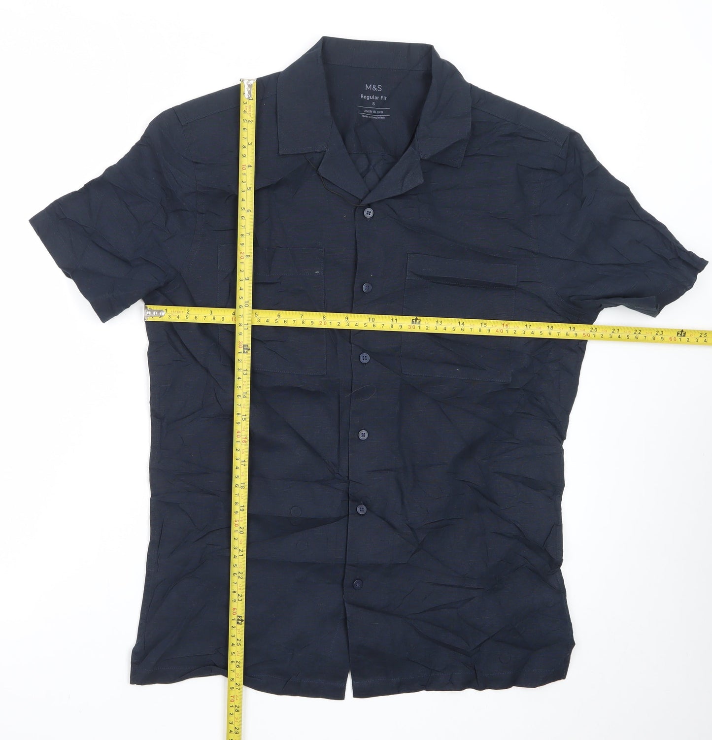 Marks and Spencer Men's Blue Linen Blend Regular Fit Short Sleeve Shirt S
