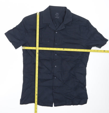 Marks and Spencer Men's Blue Linen Blend Regular Fit Short Sleeve Shirt S