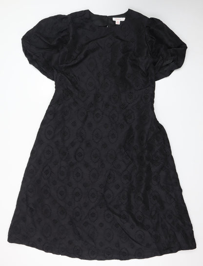 Finery Women Black A-Line Embroidered Puff Sleeve Dress UK 18