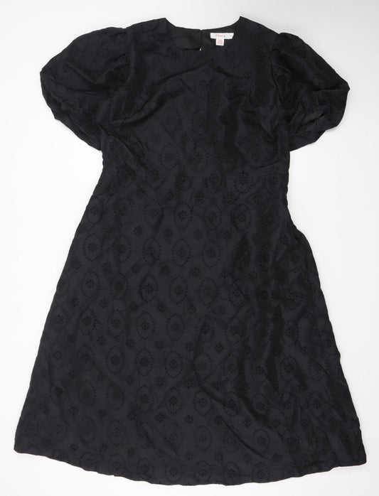 Finery Women Black A-Line Embroidered Puff Sleeve Dress UK 18