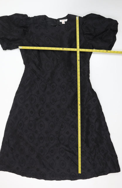 Finery Women Black A-Line Embroidered Puff Sleeve Dress UK 18