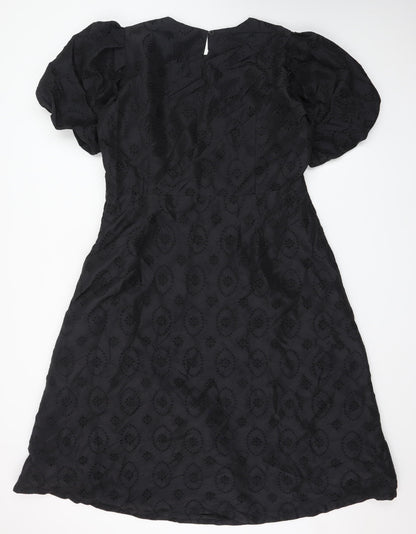 Finery Women Black A-Line Embroidered Puff Sleeve Dress UK 18