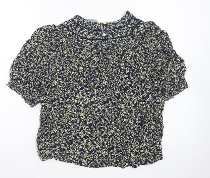 Marks and Spencer Women's Blue Floral Short Sleeve High Neck Blouse Size 10