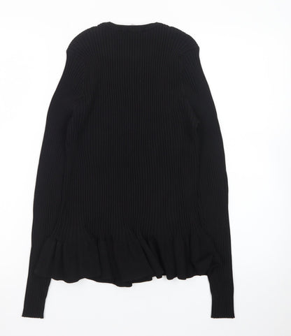 H&M Women Black Ribbed Ruffle Hem Pullover Jumper Size 14