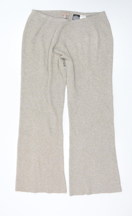 H&M Women’s Beige Rib Knit Wide Leg Trousers Size L Wool Blend