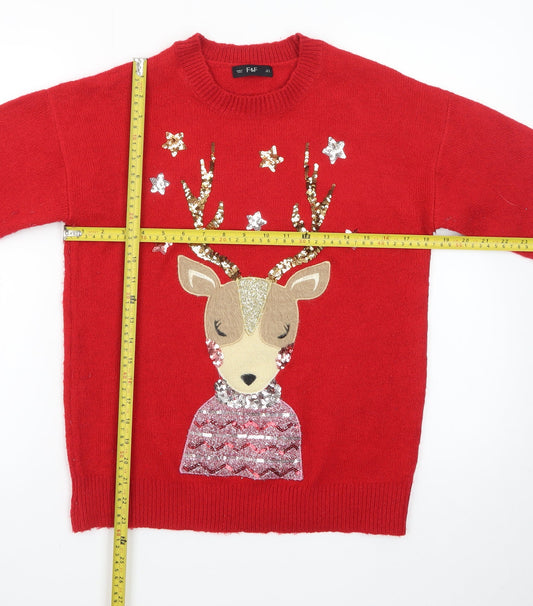 F&F Women's Red Christmas Reindeer Sequin Jumper Size S