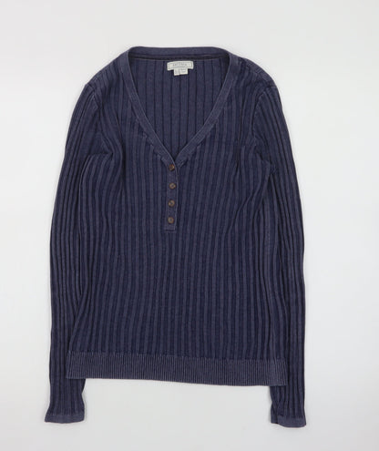 Fat Face Women's Blue Henley Knit Jumper Size 8 Long Sleeve Cotton