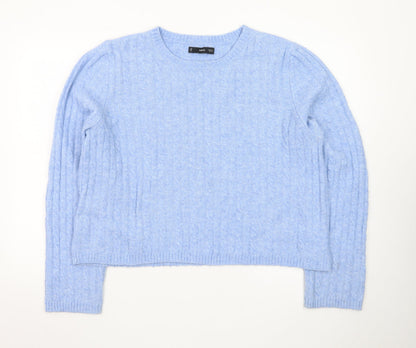 MNG Women's Blue Cable-Knit Wool Blend Crew Neck Jumper Size 16