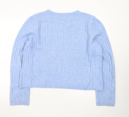 MNG Women's Blue Cable-Knit Wool Blend Crew Neck Jumper Size 16