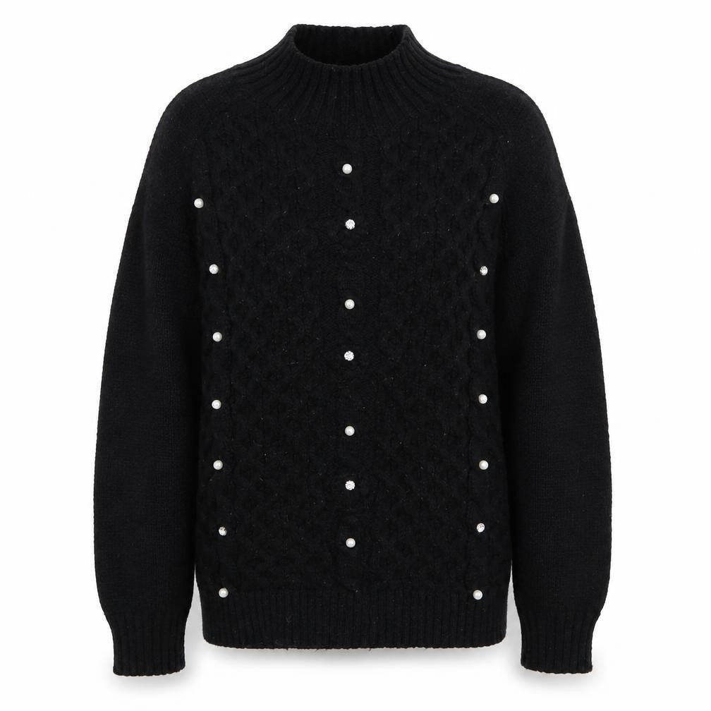 Front view of Lipsy Teens Black Mock Neck Pearl Beaded Cable Knit Jumper 11-12 YRS