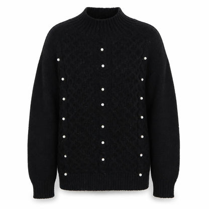 Front view of Lipsy Teens Black Mock Neck Pearl Beaded Cable Knit Jumper 11-12 YRS
