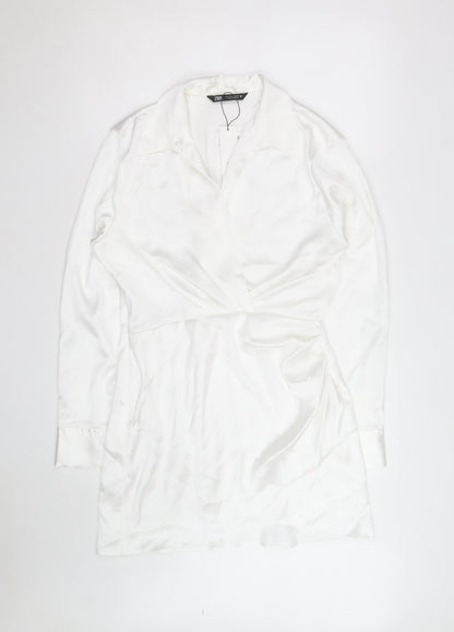 Zara Women White Satin Wrap Blouse Long Sleeve L