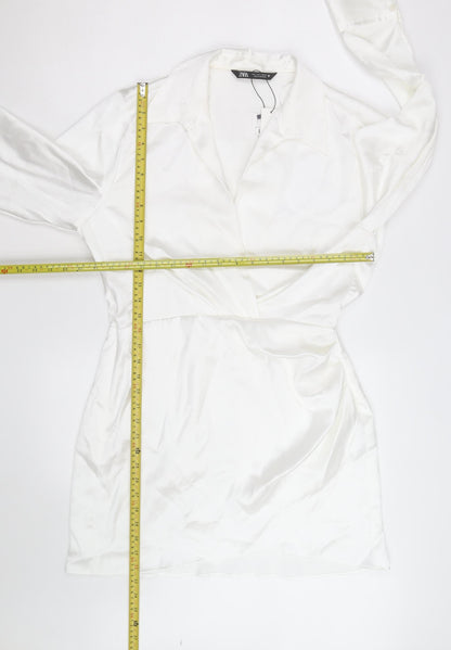 Zara Women White Satin Wrap Blouse Long Sleeve L
