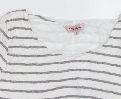 Phase Eight Women's White Grey Striped Long Sleeve Cotton Modal Top Size 16