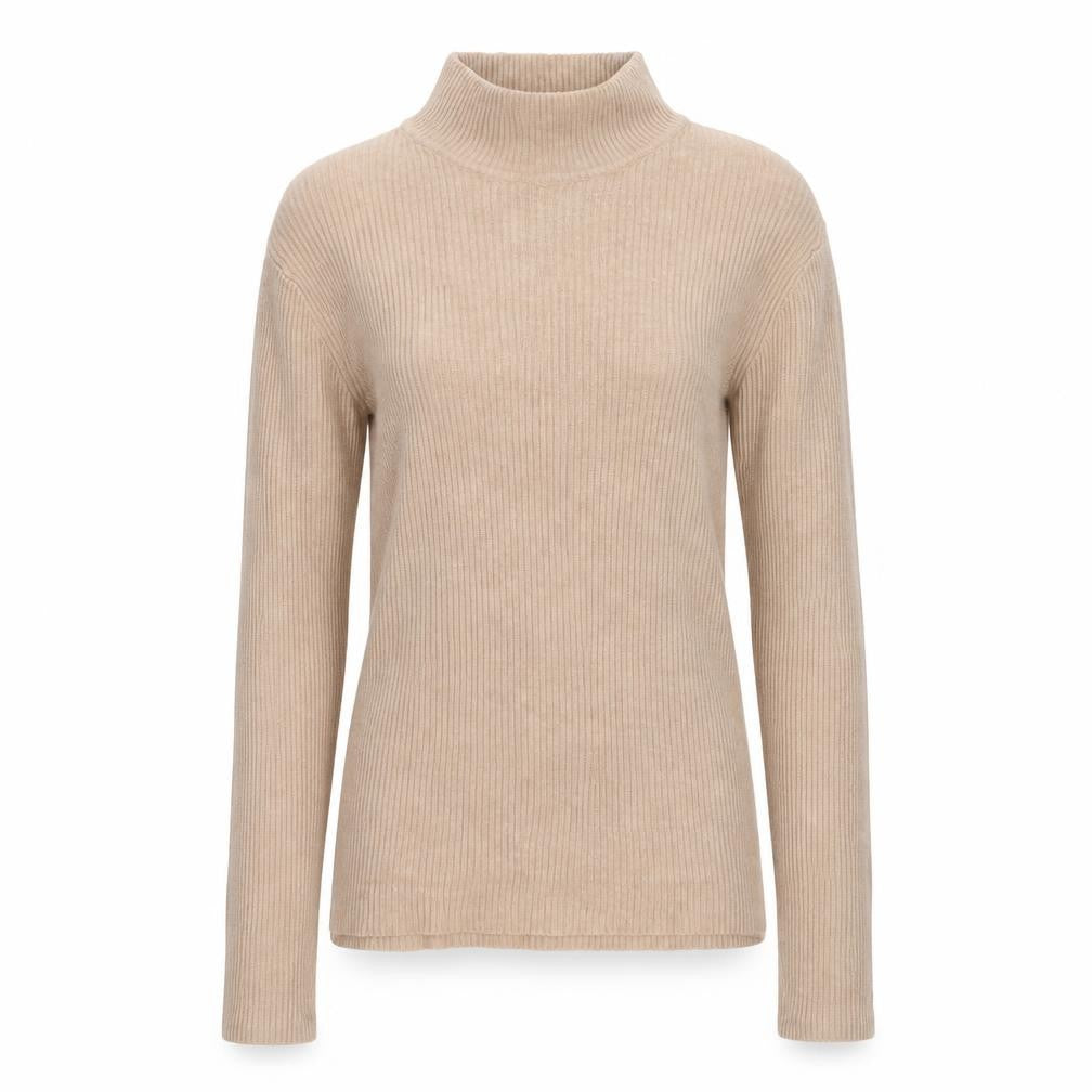 Boohoo Women Beige Mock Neck Ribbed Knit Long Sleeve Jumper S