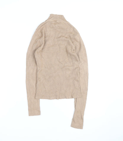 Boohoo Women Beige Mock Neck Ribbed Knit Long Sleeve Jumper S