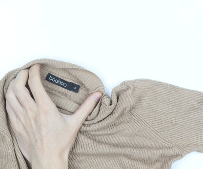 Boohoo Women Beige Mock Neck Ribbed Knit Long Sleeve Jumper S