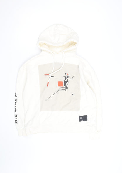 Pull&Bear Men's White Graphic Art Hoodie Size L Pullover Fleece
