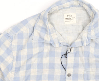 Marks and Spencer Men's Blue Check Linen Cotton Regular Fit Shirt S