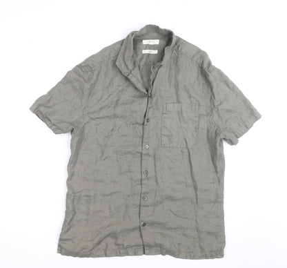Marks and Spencer Men's Grey Linen Short Sleeve Button-Up Shirt Size M