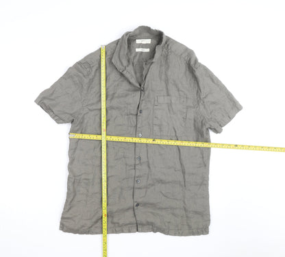 Marks and Spencer Men's Grey Linen Short Sleeve Button-Up Shirt Size M