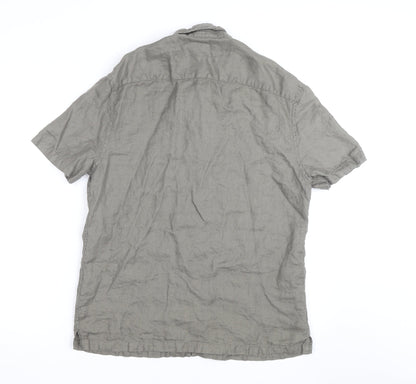 Marks and Spencer Men's Grey Linen Short Sleeve Button-Up Shirt Size M