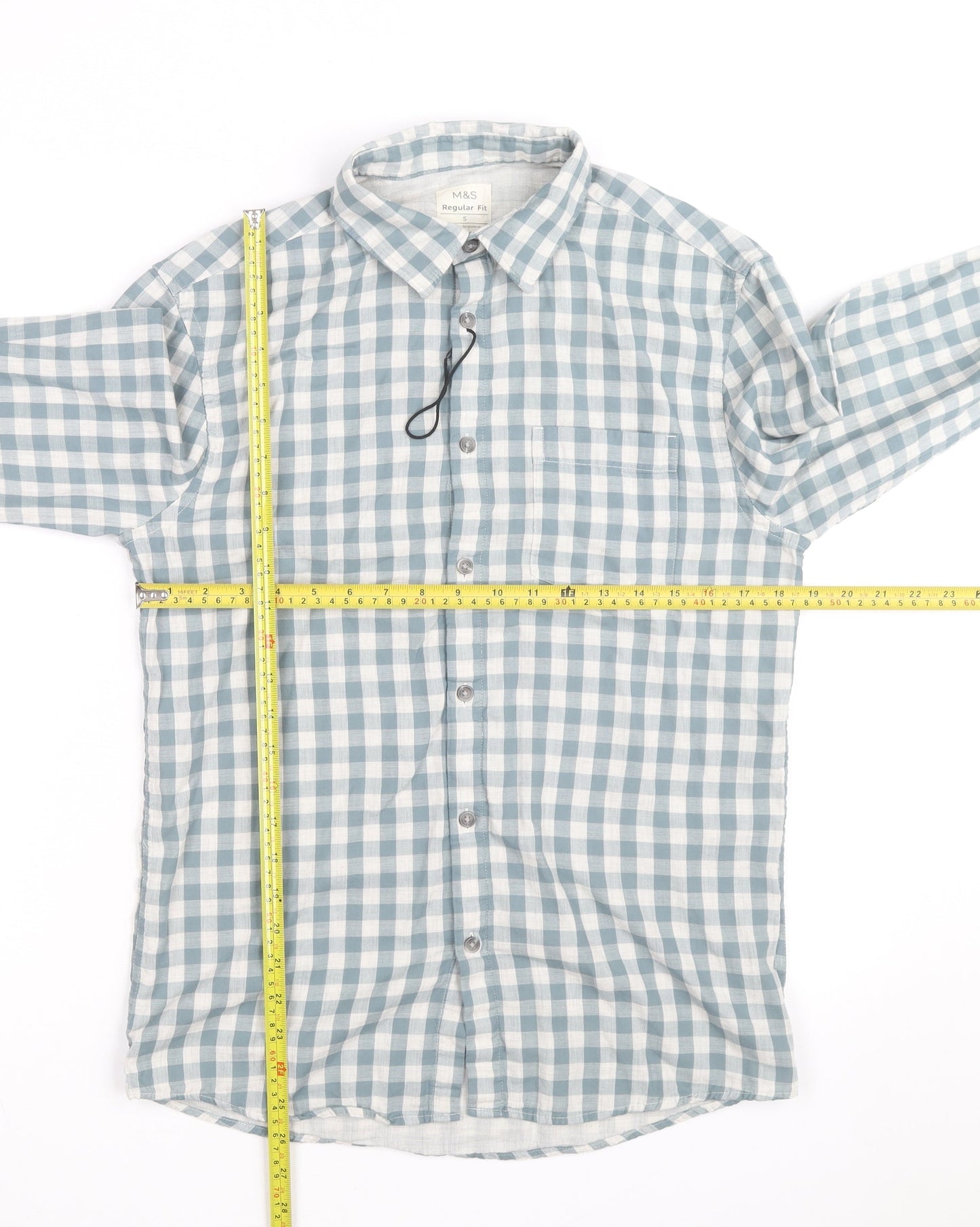 Marks and Spencer Men's Blue Check Regular Fit Long Sleeve Cotton Shirt Size S