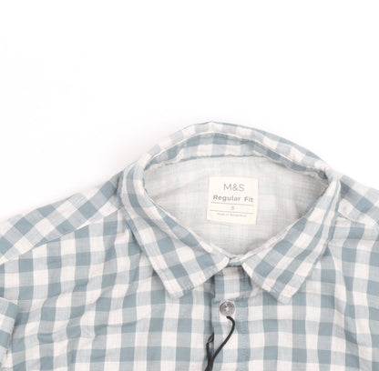 Marks and Spencer Men's Blue Check Regular Fit Long Sleeve Cotton Shirt Size S