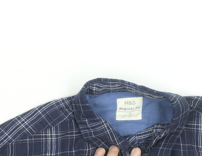 Marks and Spencer Men’s Blue Check Regular Fit Cotton Long Sleeve Shirt S